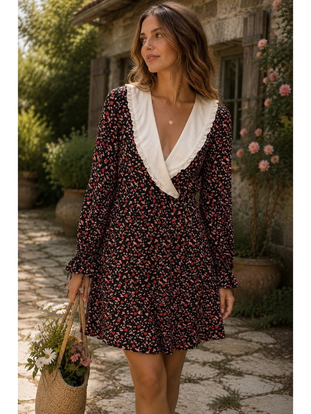 Ghost London Mini Dress S Black Floral Heart White Ruffle Collar Romantic Boho